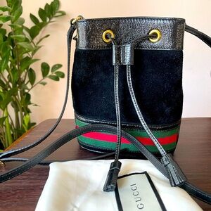 GUCCI Ophidia Mini Leather Trimmed Suede Bucket Bag.